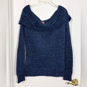 Y2K BCBGirls Foldover Off the Shoulder Cable Knit Metallic Blue Sweater Sz Large
